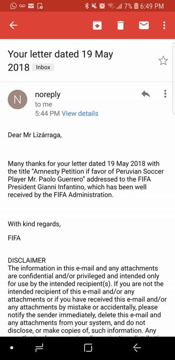 FIFA’s reply confirming receipt of the letter
