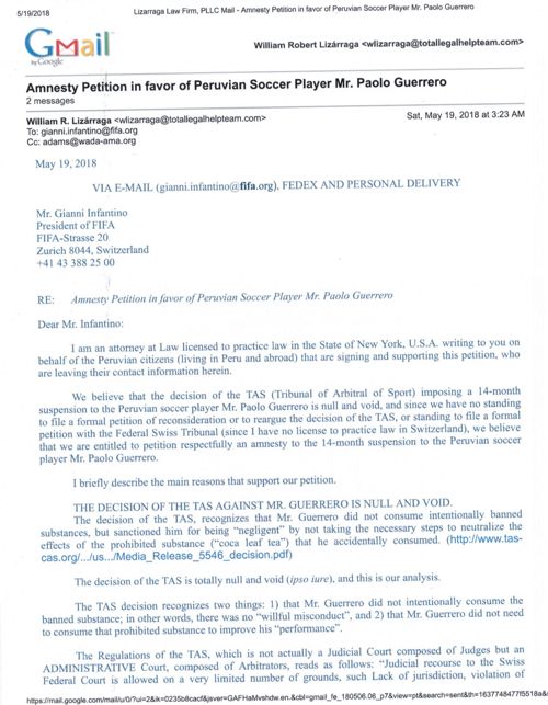 The petition as sent by email to FIFA — page 1 of 4